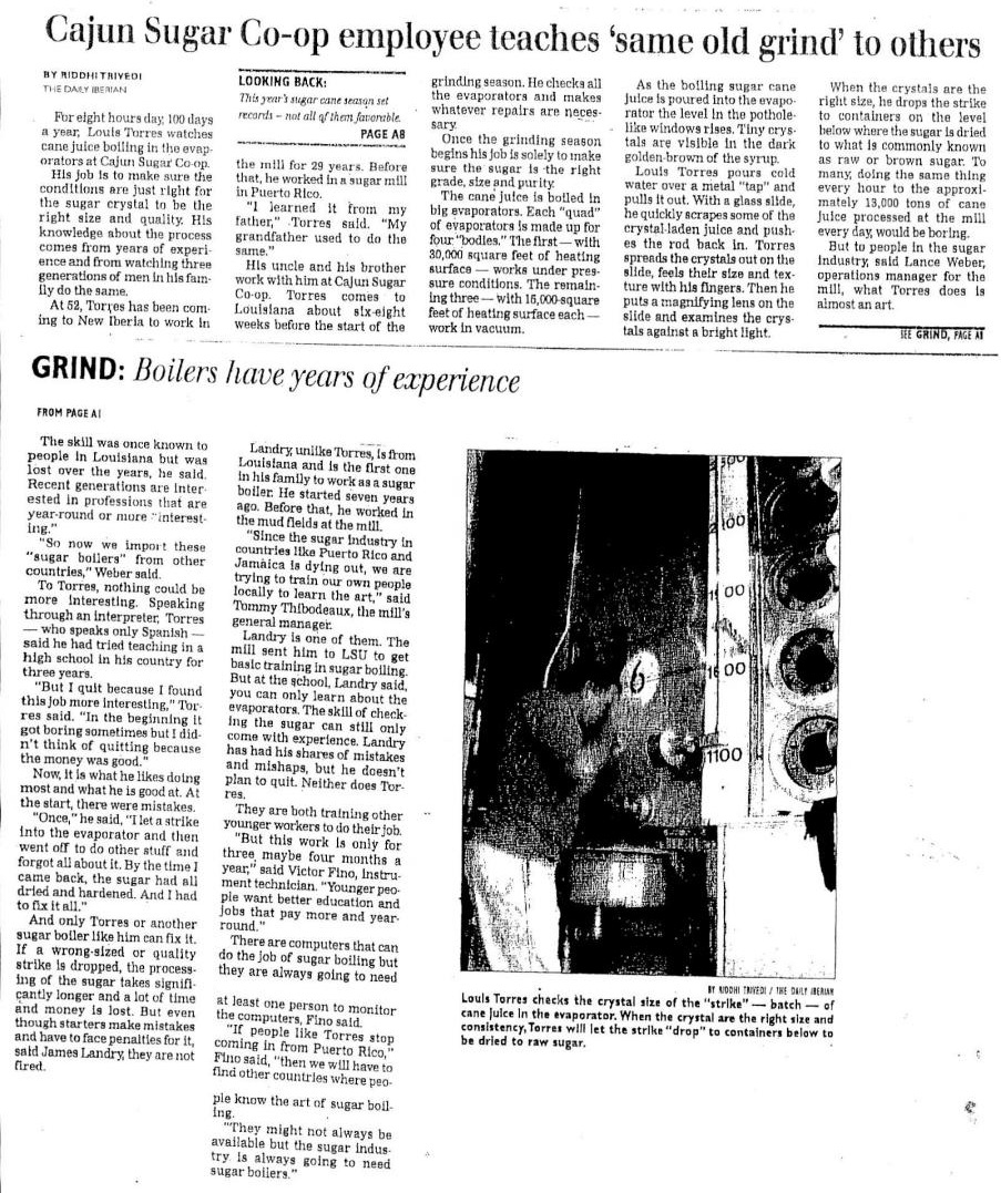 Scanned original clip of Cajun Sugar Co-op Employee Teaches 'Same Old Grind' to Others